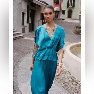 🆕 Zara Ruched Satin Effect Blouse & Midi Skirt Set